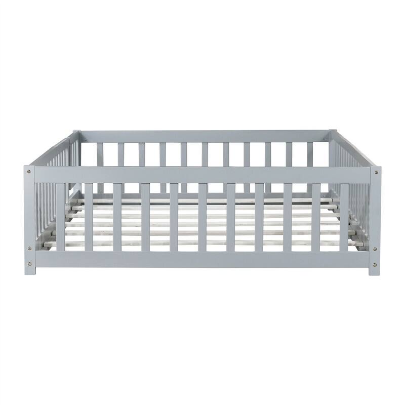 Twin/Full/Queen Size Floor Bed with Fence Guardrails and Door, Rubber Wood Toddler Bed Montessori Bed with Slats Support