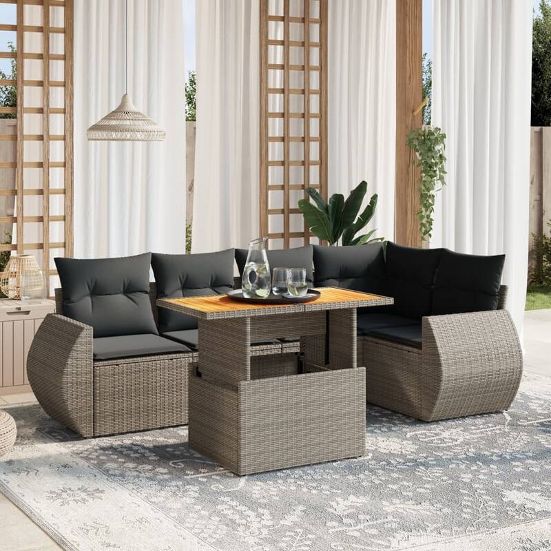 vidaXL Patio Sofa Set with Cushions Table and Modular Sofas 6 Piece Poly Rattan - 21.7 x 39.4 x 28.7 - Grey  - form1