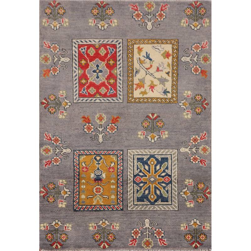 Gray Kazak Accent Rug Handmade Wool Carpet - 2'10" x 4'2"