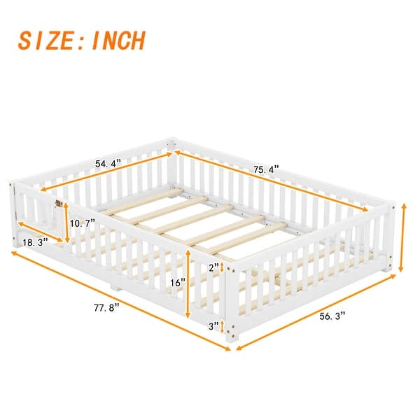 dimension image slide 6 of 8, Pine Wood Floor Bed with Safety Guardrails and Door for Kids, Boys, Girls, Bedroom