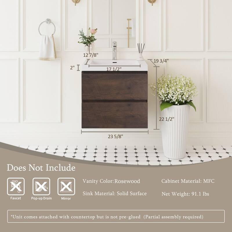ABRUZZO 24" Floating Single Bathroom Vanity Wall-Mounted with Integrated Resin Top Basin 2 Soft Close Drawers Full Assembly