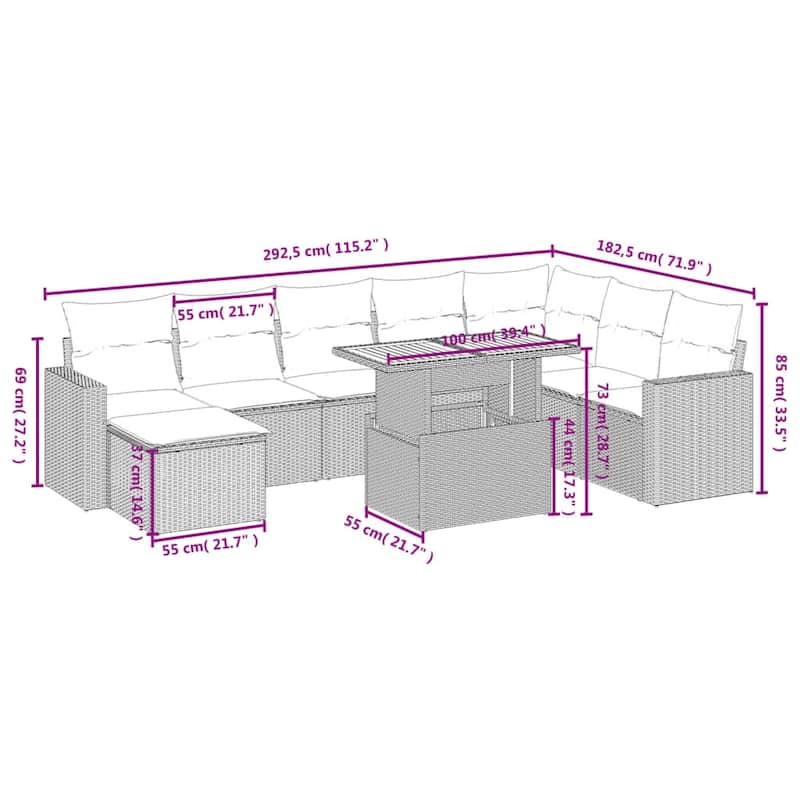 vidaXL Patio Sofa Set with Cushions Outdoor Furniture 9 Piece Poly Rattan - 24.4 x 24.4 x 27.2