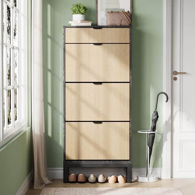 Shoe Storage Cabinet with 3 Flip Drawers, Fluted Shoe Organizer with Metal Legs
