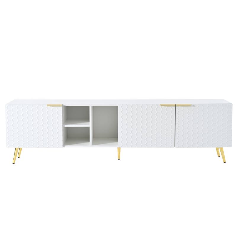 71" Minimalist TV Cabinet with Geometric Honeycomb Pattern - Gold Accents, Cable Management, Storage