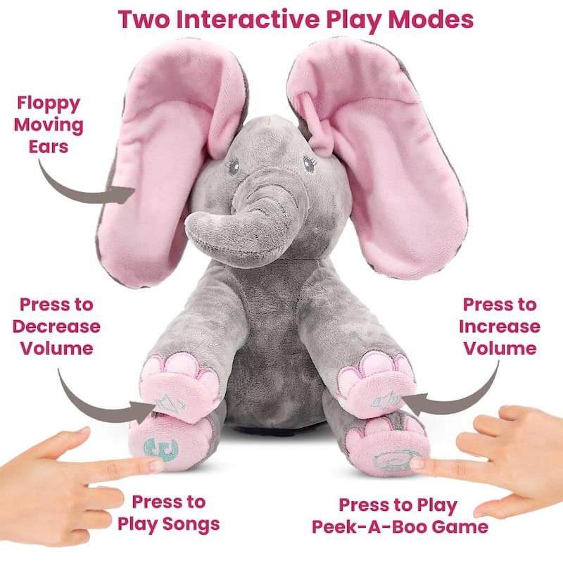 Dimple Kaia the Singing Peek-a-Boo Elephant - Interactive Plush Toy for Babies and Toddlers with Moving Ears and Music