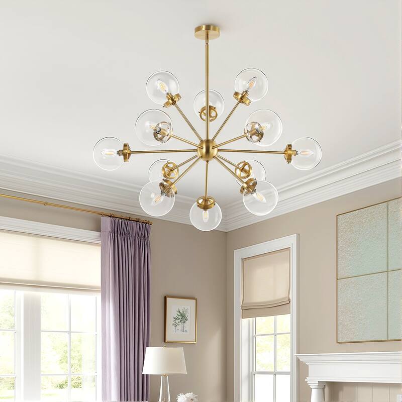 GetLedel 12-Light Modern Sputnik Sphere Chandelier with Glass Globe Shades - 39.5" - Gold Finish with Clear Glass Shades