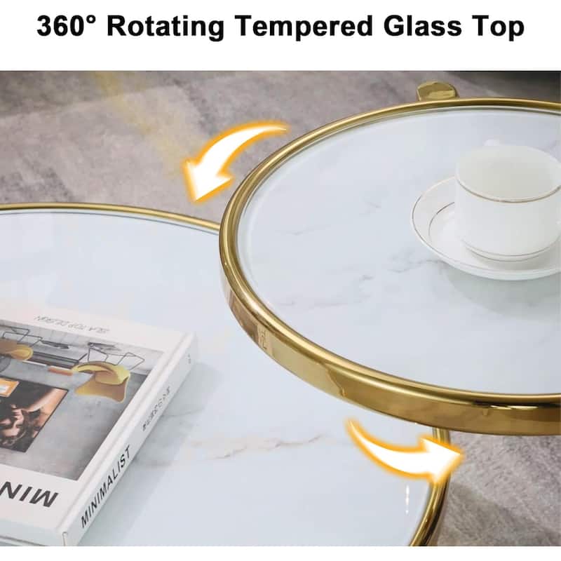 Round Coffee Table 30 inch Motion Tempered Glass Coffee Table with 3 Tier 360 Degree Swivel Top