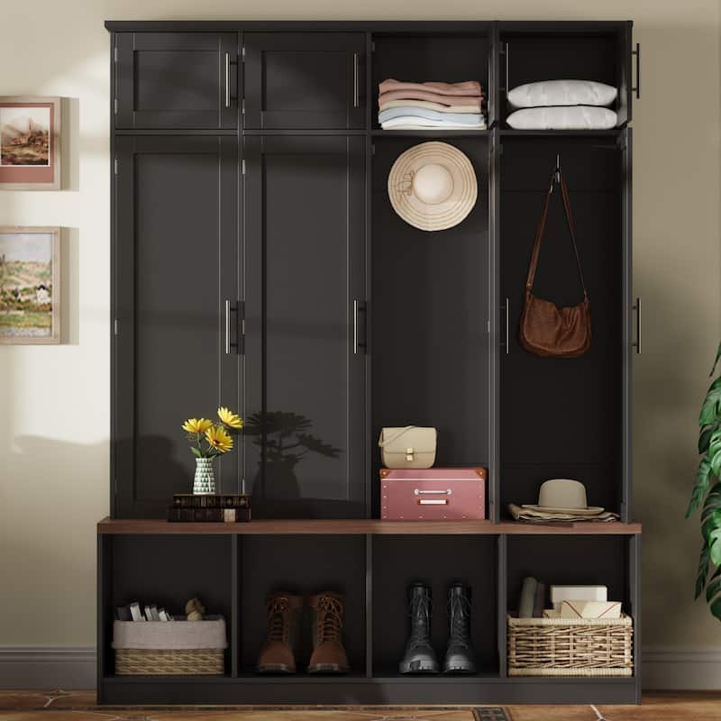 8-Door Shoe Cabinet Hall Tree with 4 Hidden Hooks & Open Compartment - Black