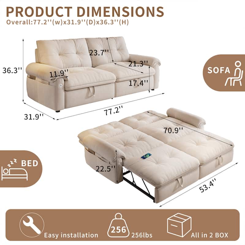 2-in-1 Velvet Pull Out Sleeper Sofa Bed Convertible Loveseat Couch for Sitting, Napping or Sleeping with Side Pockets and USB