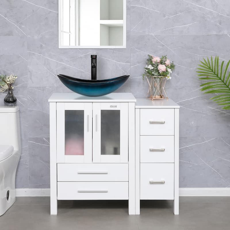 36" White Bathroom Vanity Sink Set with Side Cabinet Vessel Sink Faucet Combo - Glass blue boat sink