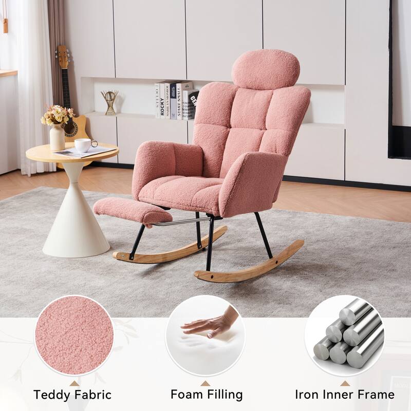 Teddy Fabric Upholstered Modern Nursery Rocking Chair with Footrest & High Backrest