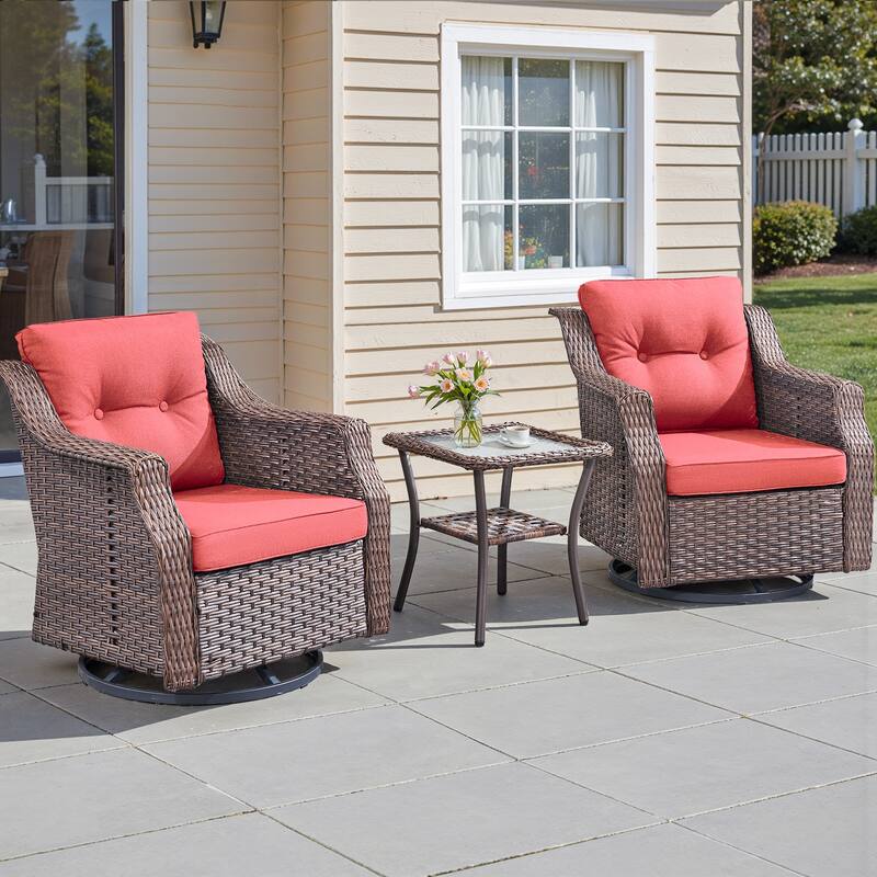 Pocassy 3-Piece Patio Swivel Chair with Side Table - Brown Wicker Beige Cushion - 3-Piece Swivel Chair with Side Table