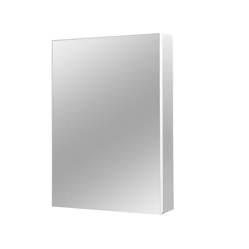 Medicine Cabinet Silver Mirrored Recessed or Surface Mount Single Door Open with Organizer Shelves