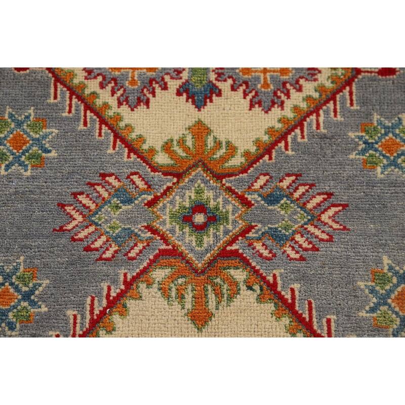 Gray Geometric Kazak Oriental Accent Rug Hand-Knotted Wool Carpet - 3'5" x 4'10"