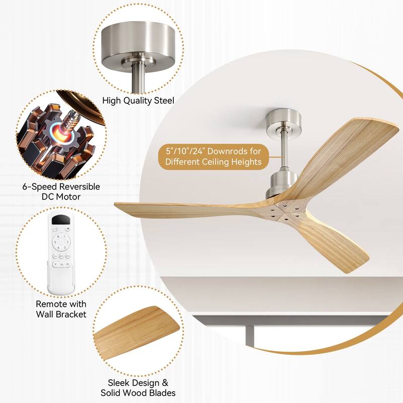 52Inch Ceiling Fan without Light, 6 Wind Speeds with Remote Control for Living Room and Patio