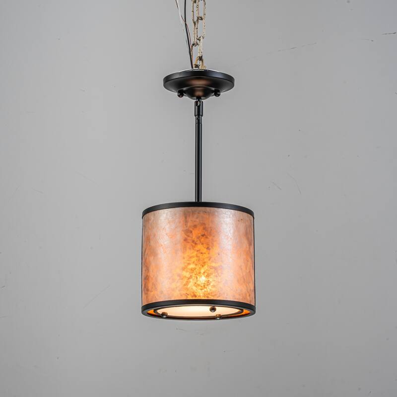 20" W and 8" W Rustic Matte Black Finish Tawny Mica Drum Pendant Light for Living Room & Bedroom