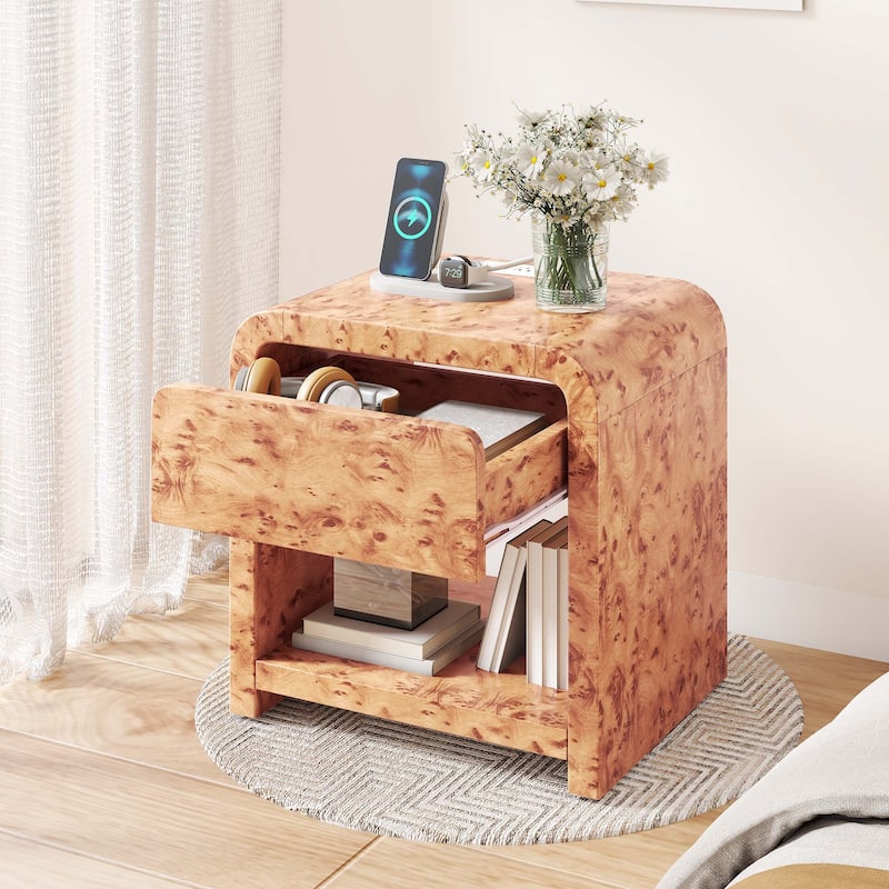 Moasis Modern Distressed Side Table Chair Side Bedside Table with Drawer and Charging Station