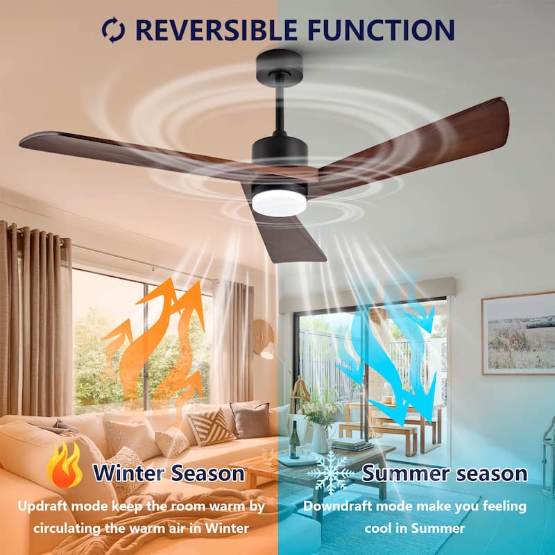 60 Inch Ceiling Fan with Light and Remote, 3 Walnut Solid Wood Blades, Quiet DC Motor, 6-Speed 5000 CFM - Black + Dark Walnut