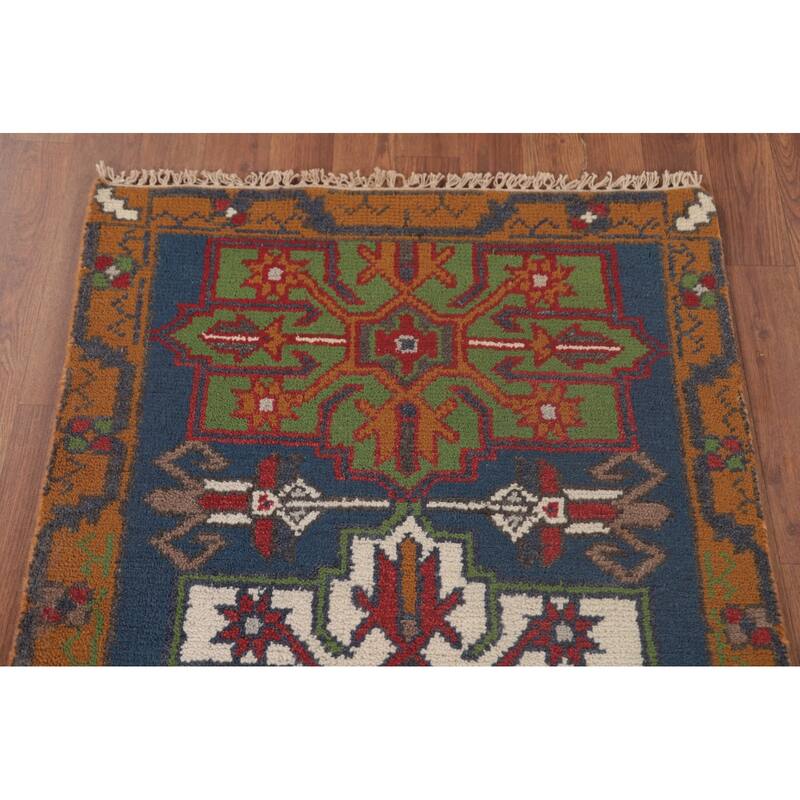 Blue Geometric Heriz Serapi Oriental Runner Rug Handmade Wool Carpet - 2'7"x 7'10"