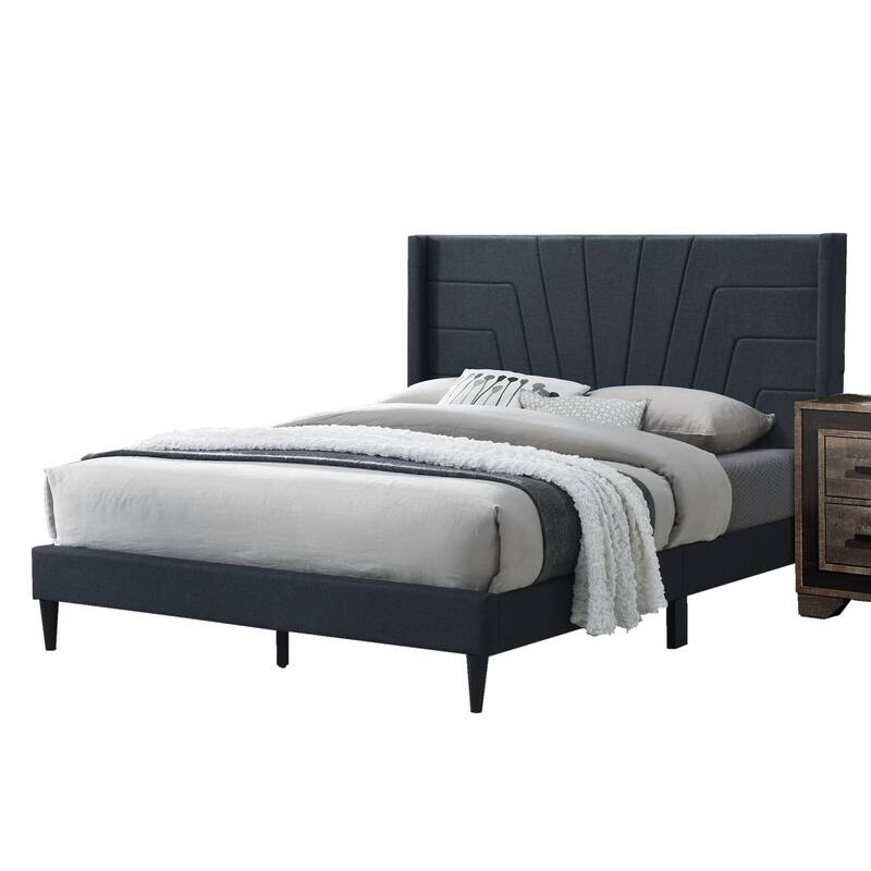 Queen Size Upholstered Platform Bed with Charcoal Burlap Fabric Headboard