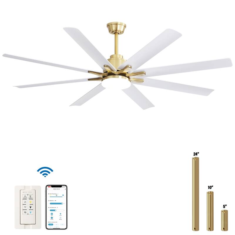 52 Inch/66 Inch/72 Inch Modern Ceiling Fan with Dimmable LED Light ,Remote&APP Control,8 Blades for Large Living Room,Porch - 66 Inch - Gold with White
