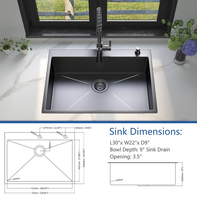 Drop in Topmount 18 Gauge Stainless Steel Single Bowl Kitchen Sink with Pull Out Faucet