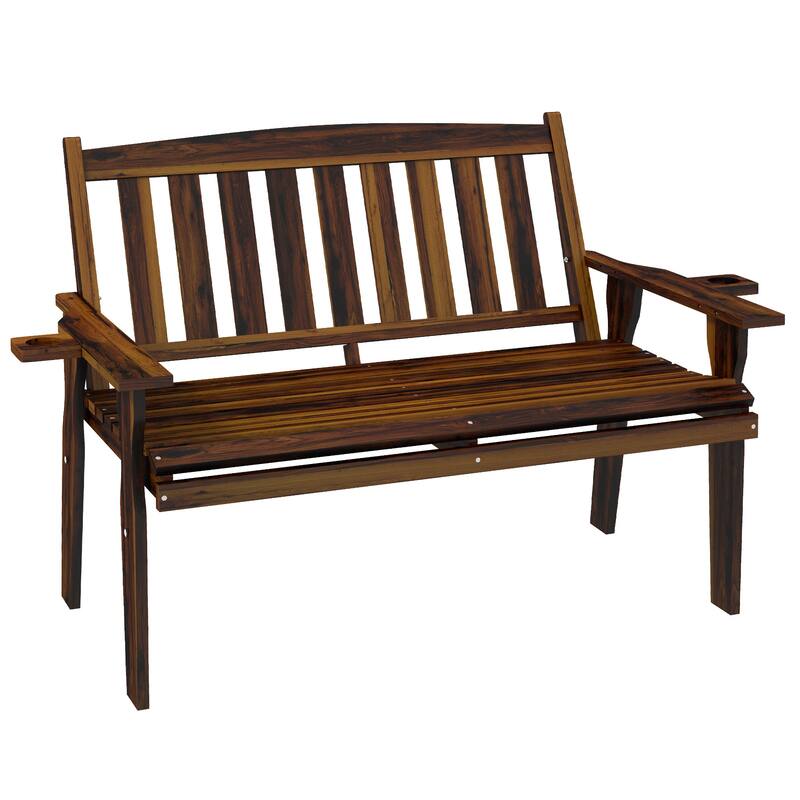 Outdoor Two-Seater Wood Bench with Cupholder Armrests, Slatted Seat & Backrest