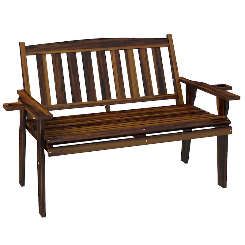 Outsunny Wood Outdoor Bench, 2-Person Garden Bench with Cupholder Armrests, Slatted Seat and Backrest