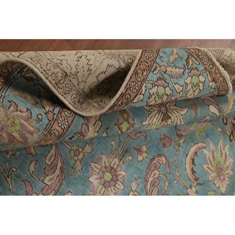 All-Over Blue Floral Tabriz Persian Area Rug Hand-Knotted Wool Carpet - 6'9"x 9'8"