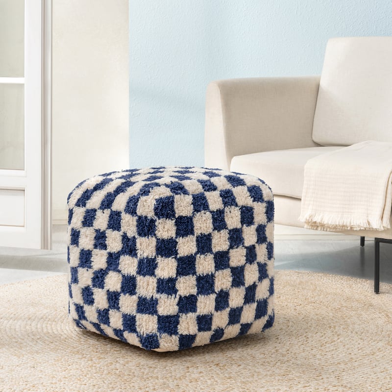 Jani 20-inch Ottoman Pouf - Handcrafted Handmade Ottoman for Seating, Footrest, Home Decor for Living Room, Bedroom - Navy/Ivory