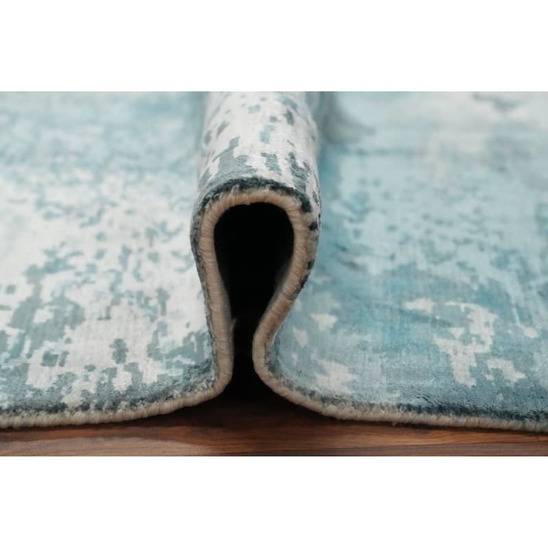 Hand Knotted Oriental Viscose Silk Carpet Modern Pictorial Navy Blue & Blues Abstract Area Rug - 7' 10'' X 5' 7''