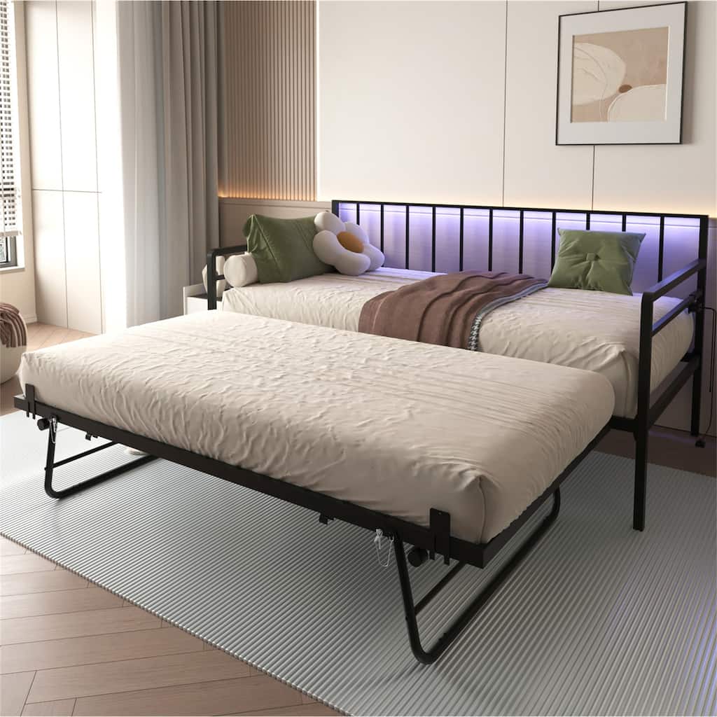 Twin Size Metal Daybed with RGB LED Lights,Charging Station,Trundle