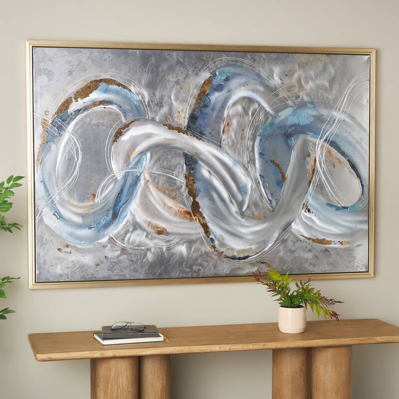 Gray Canvas Interlocked Rings Abstract Living Room Framed Wall Art with Gold and Blue Accents