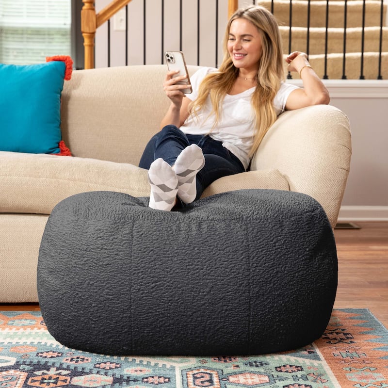Jaxx Ellis Pouf - Modern Shearling Faux-Lamb Plush Fleece Ottoman - Oval - Black