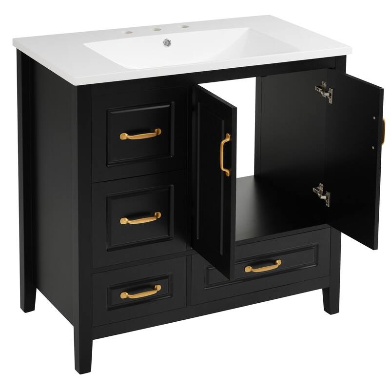 36 Inch Bathroom Vanity With Sink, One Cabinet With Soft-Closing Doors, 4 Soft-Closing Drawers, Metal Handles