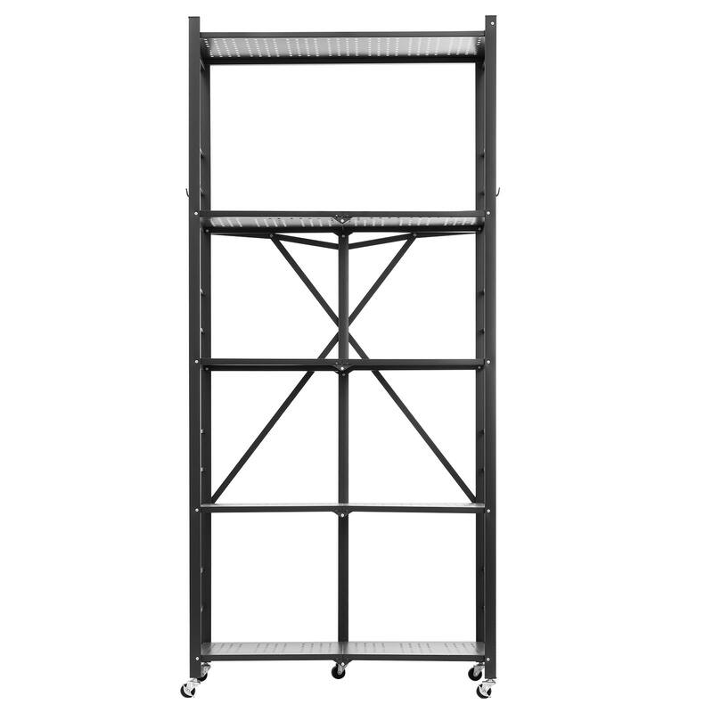 Black Carbon Steel Folding Garage Storage Shelf with Wheels and J-Hooks - 14 x 32 x 72 in - Black