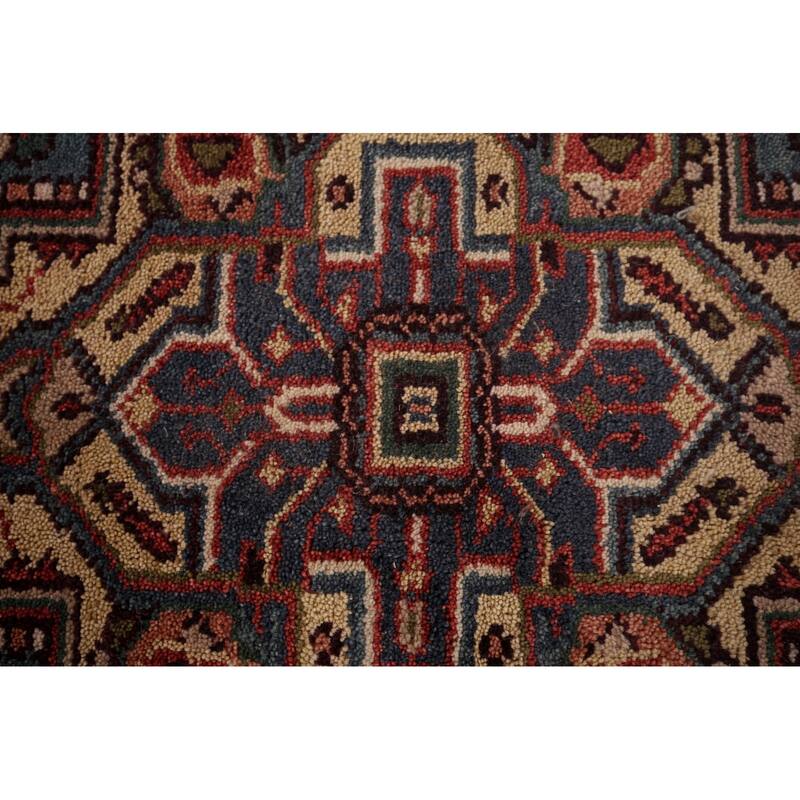 Blue Geometric Heriz Serapi Indian Area Rug Hand-Knotted Wool Carpet - 4'2"x 6'1"