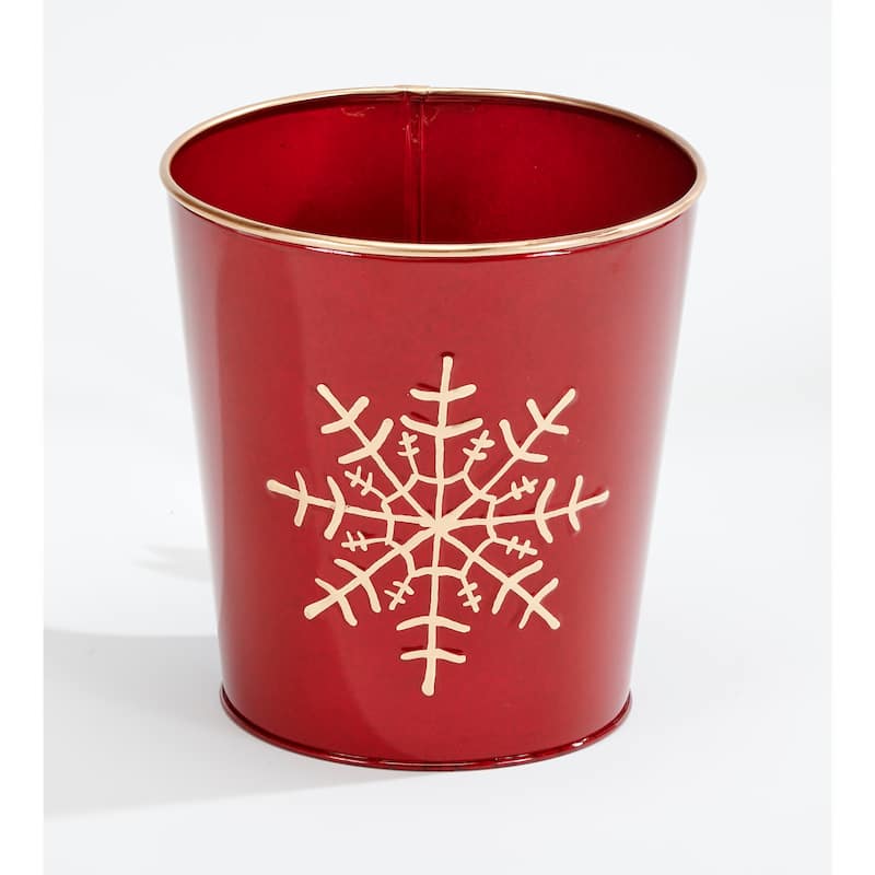 Red Galvanized Metal Christmas Planter Bucket with Snowflake Design, 7.5" Height, 7"Diameter, Set of 2 - 7.5
