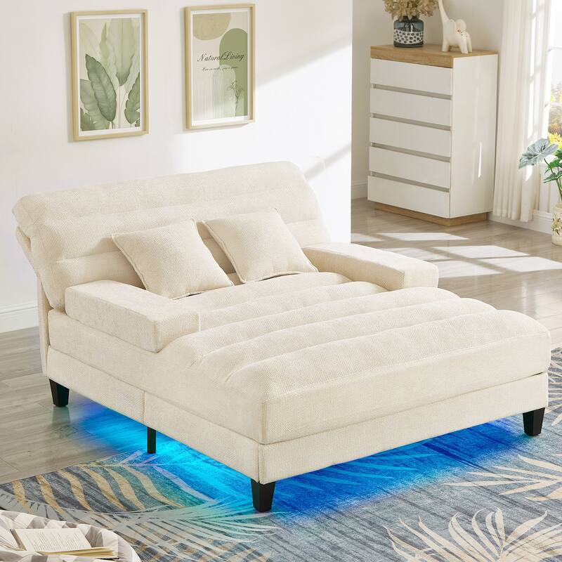 Modern Chaise Lounge Sofa 57.1" Sofa Bed Chenille Upholstered Lounge Sofa Chair with Adjustable Backrest and LED Light Strip