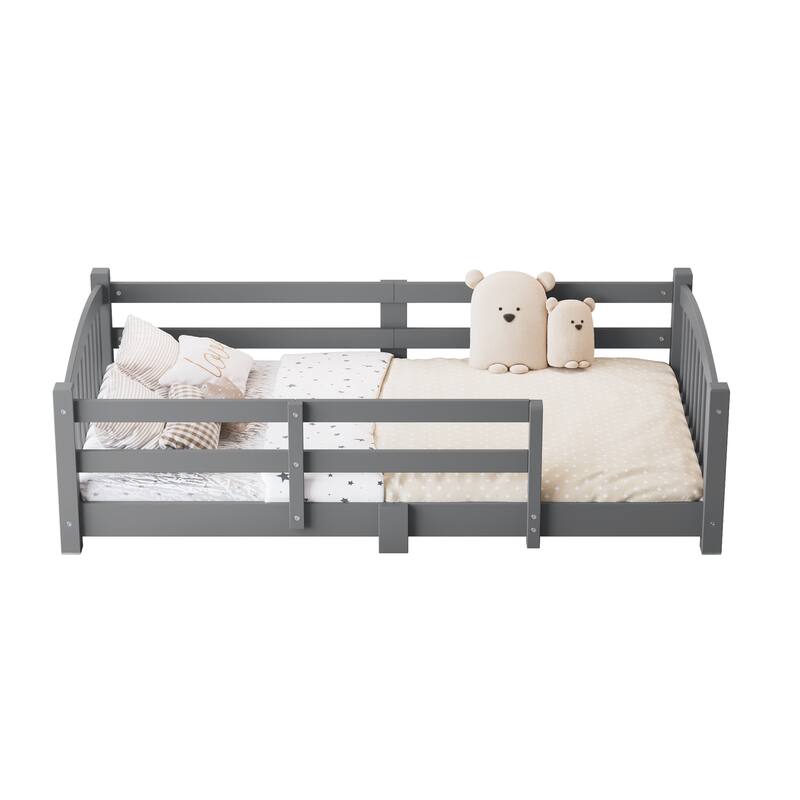 Roomfitters Montessori Floor Bed with Guardrails, Solid Wood Low Platform Bed with Slats, Easy Assembly