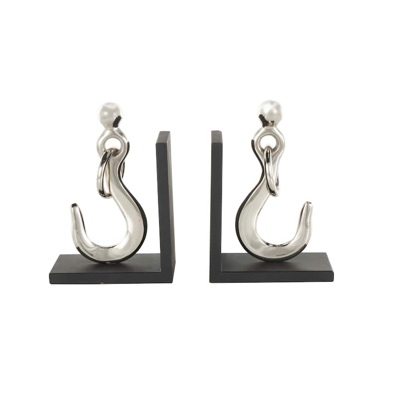 Aluminum Metal Hook Bookends with Black Bases - Set of 2 Silver - Roche River Decor - 4"W x 7"L x 10"H