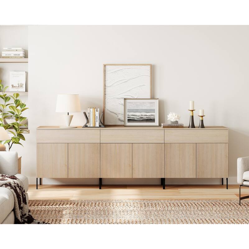 31.5" Wooden Reeded Sideboard With Doors And Drawer, Modern Credenza Storage Cabinet