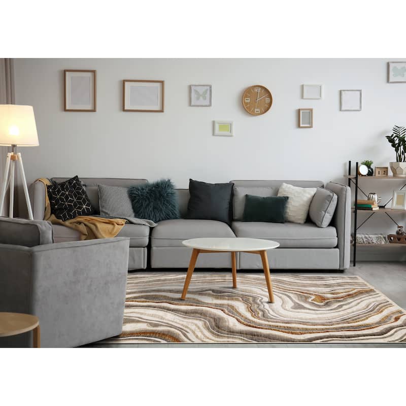 Santiago Collection - Cream Grey Brown Wavy Landscape Area Rug