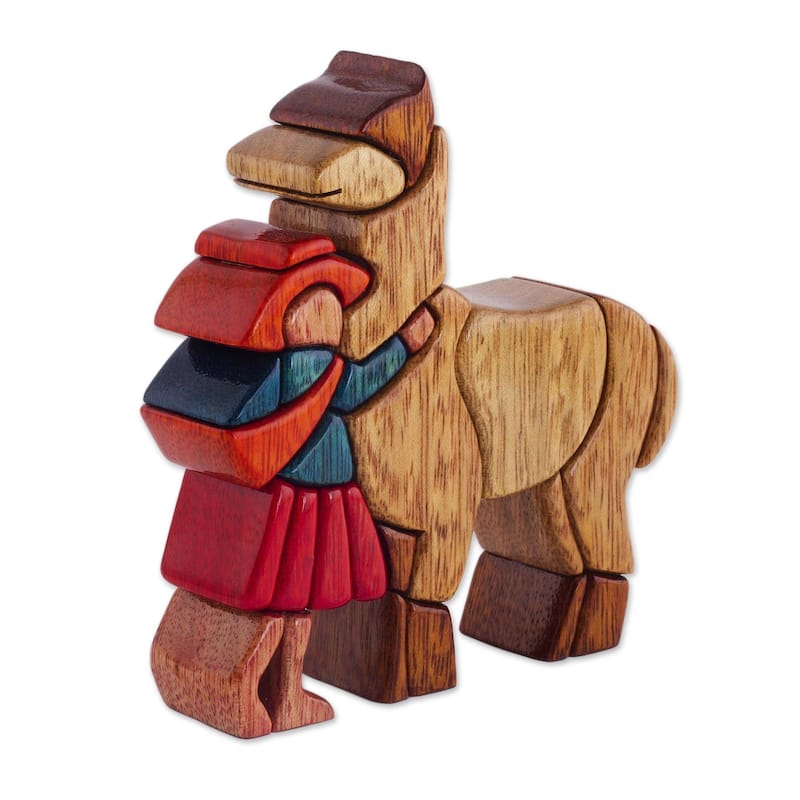 Handmade Love My Llama Cedar and Mahogany Sculpture (Peru) - Multi