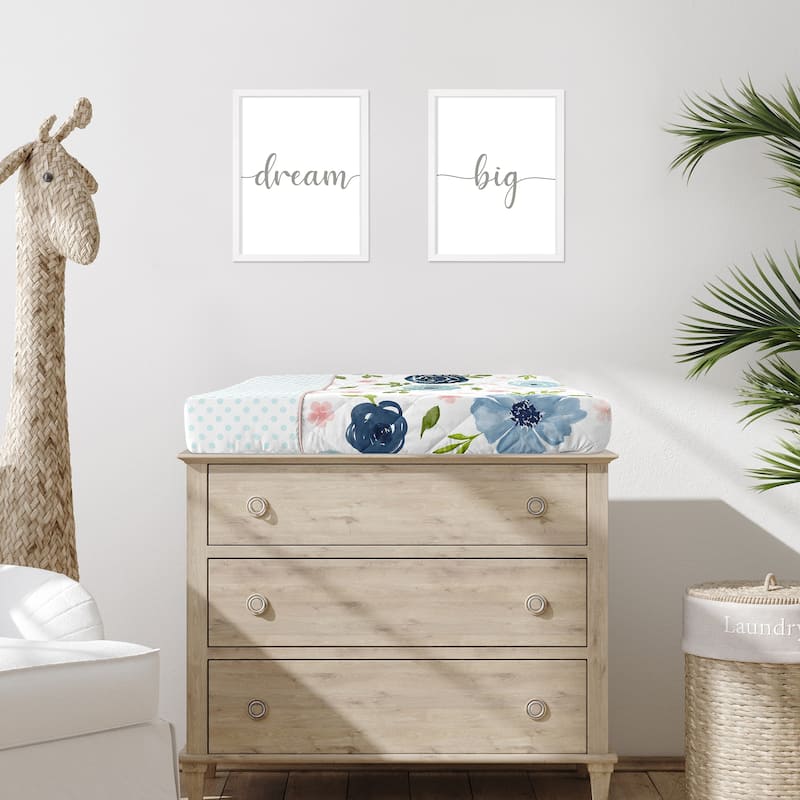 Navy Blue Pink Watercolor Floral Girl Changing Pad Cover - Blush Green White Shabby Chic Flower Polka Dot