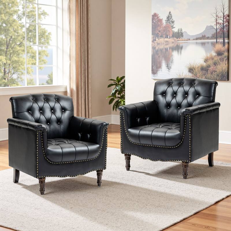 Modern Faux Leather Accent Chairs Set Of 2, Upholstered Armchair For Living Room - Black