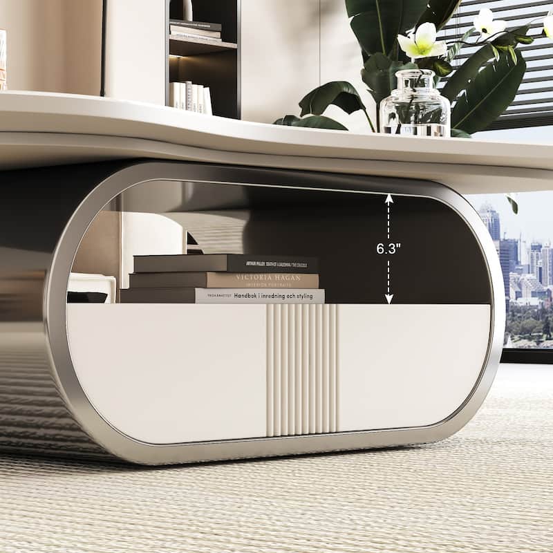 Butterfly Shape Coffee Table Center Table with Sintered Stone Top, Oval Stainless Steel Base, MDF Cabinet with Shelf and Drawer