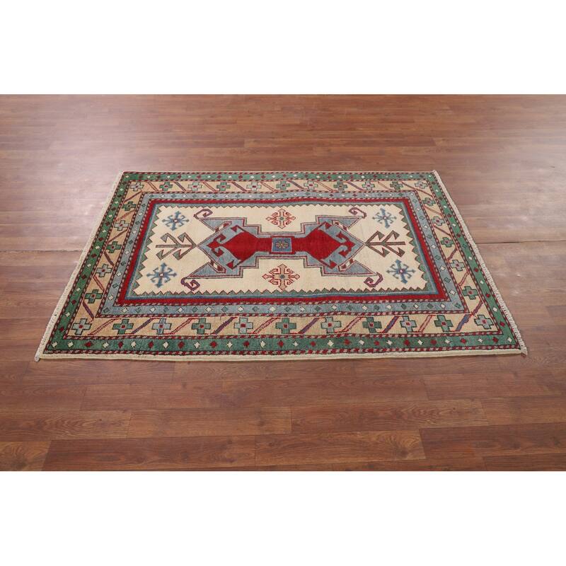 Ivory Geometric Kazak Accent Rug Hand-Knotted Wool Carpet - 3'5" x 5'0"