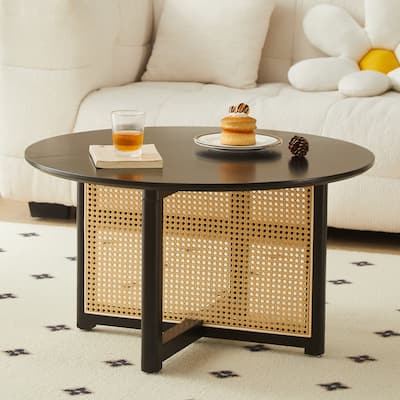 Mid Century Wooden Coffee Table Bohemian Style Coffee Table with Solid Wood and Frame Rattan Stand, for Living Room