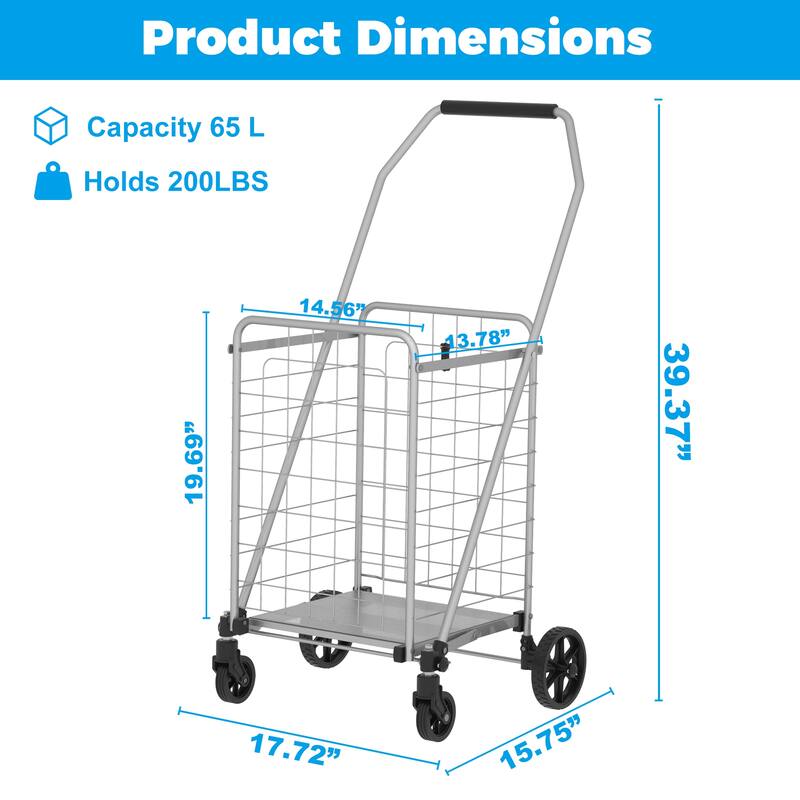 Foldable Grocery Shopping Cart with Shelf & Double Basket and 360 Rolling Swivel Wheels
